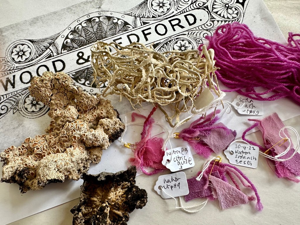 Company logo for Wood & Bedford; three lichen types in use in the dye trade; small samples of orchil-dyed wool and silk